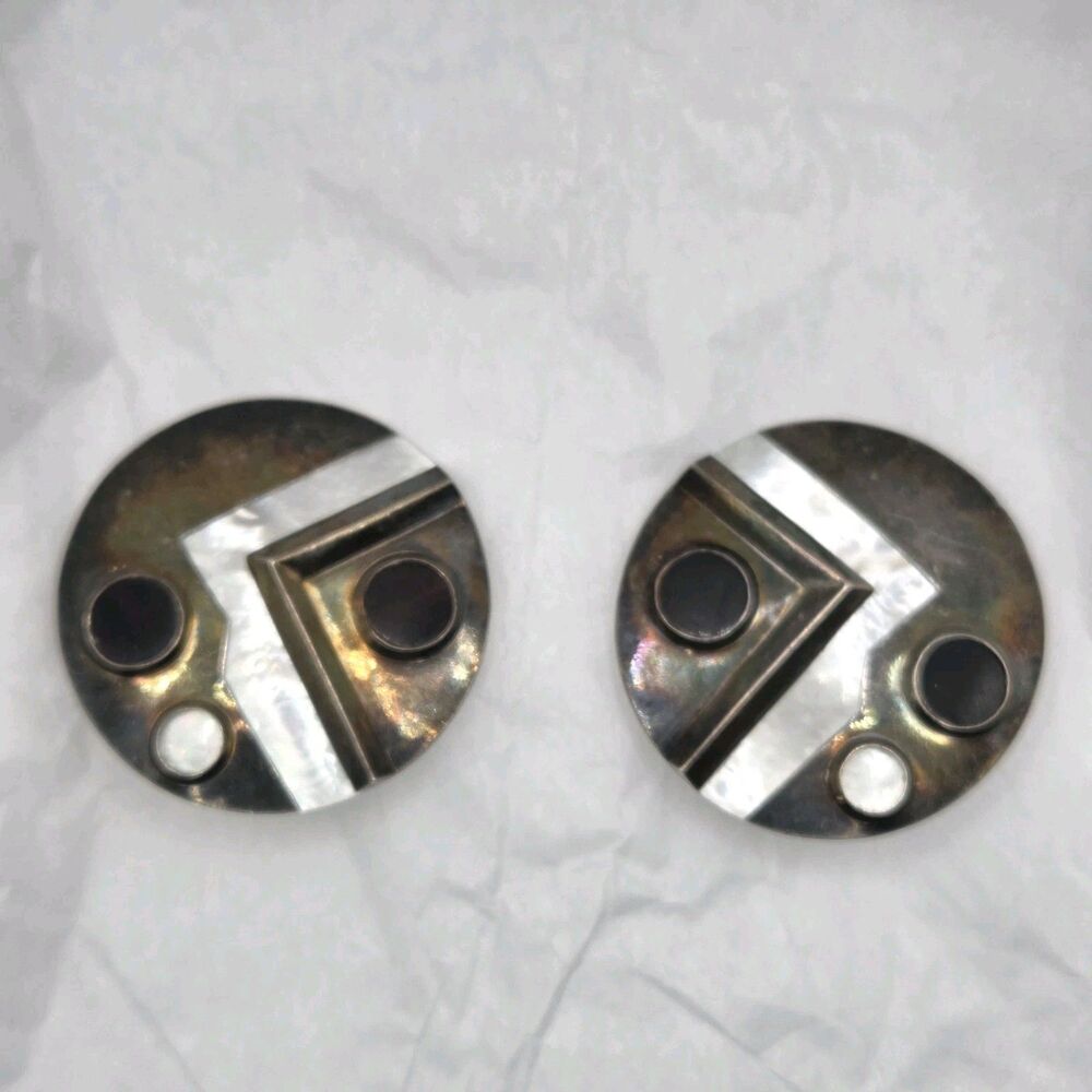Handcrafted Artisan Geometric Earrings Pearl Shell Metal Inlay Clip